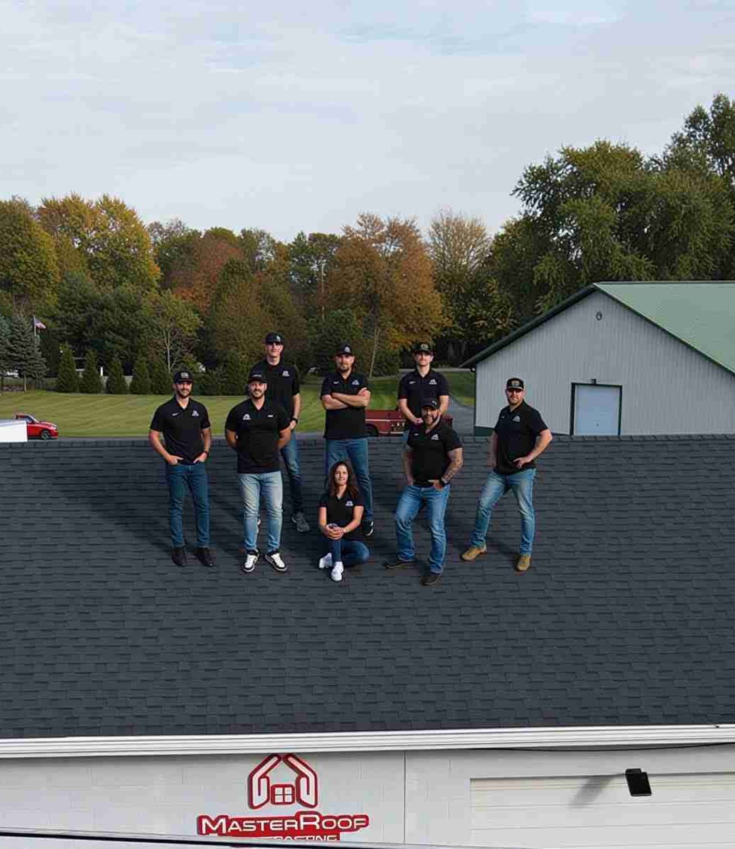Eight roofing specialists pose on a dark shingle roof in front of a MasterRoof building, with autumn trees in the background.